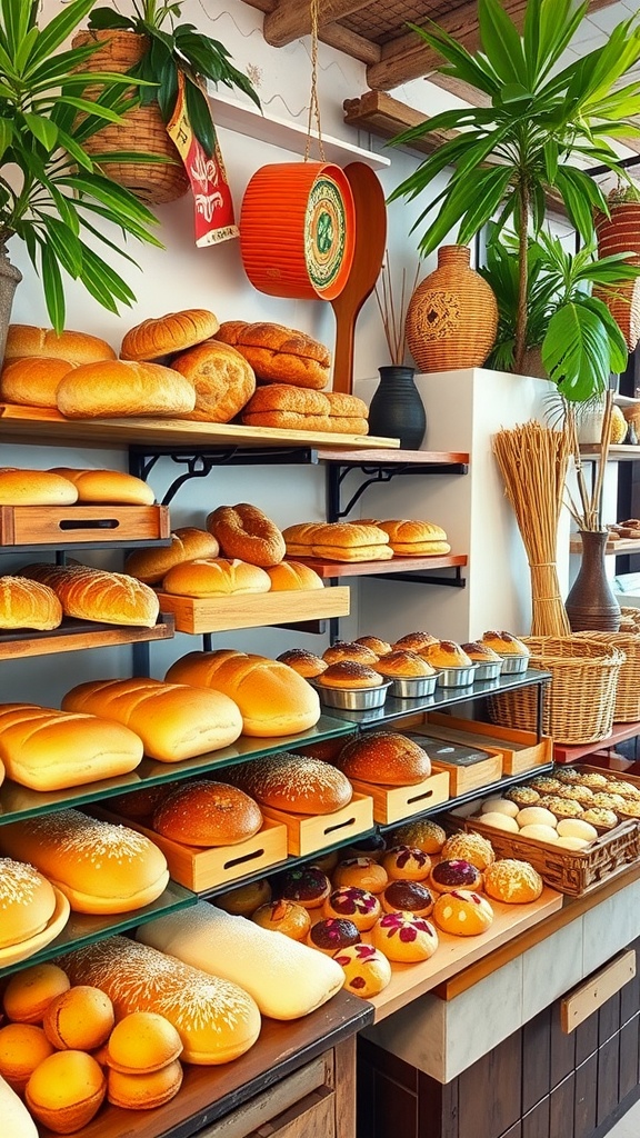 A Goan bakery display with a variety of traditional breads and sweets in warm colors.